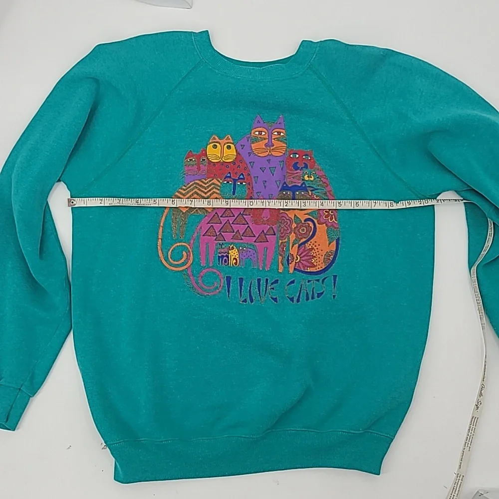 Vintage Laurel Burch I LOVE CATS! Sweatshirt teal green large hanes - Picture 14 of 16